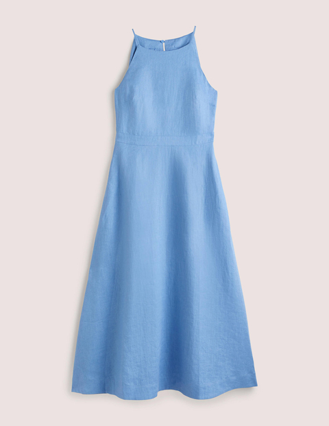 Halterneck Linen Midi Dress Blue Women Boden