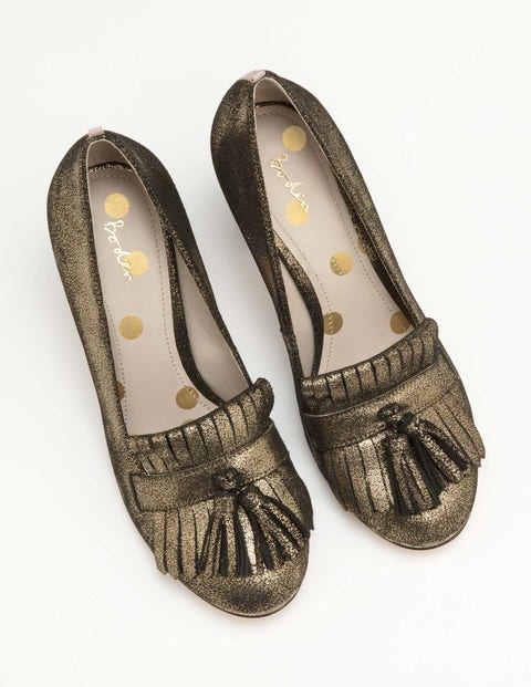 Pippa Loafer Mit Absatz - Altgold in Metallic-Knitteroptik Pippa Loafer Mit Absatz - Altgold in Metallic-Knitteroptik