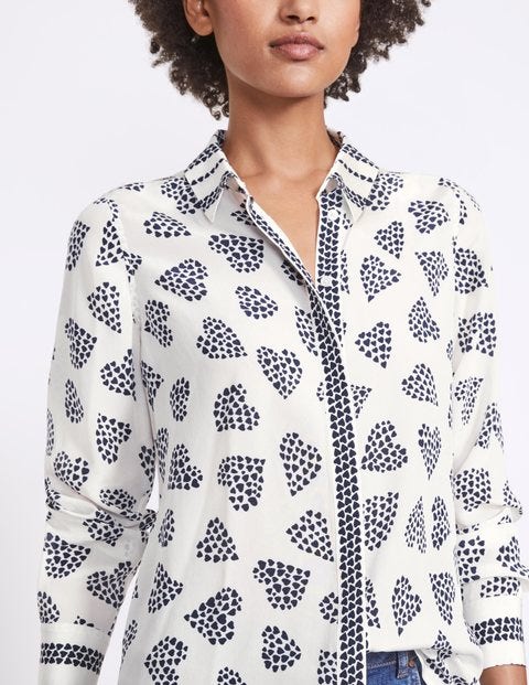 Silk Shirt - Ivory and Navy Scattered Spot Silk Shirt - Ivory and Navy Scattered Spot