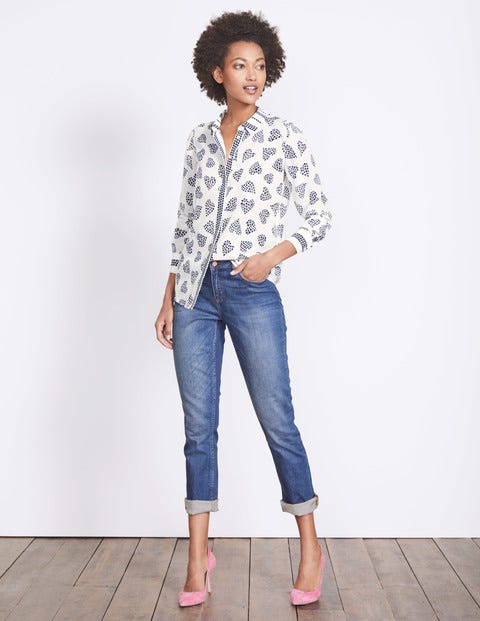 Silk Shirt - Ivory and Navy Scattered Spot Silk Shirt - Ivory and Navy Scattered Spot