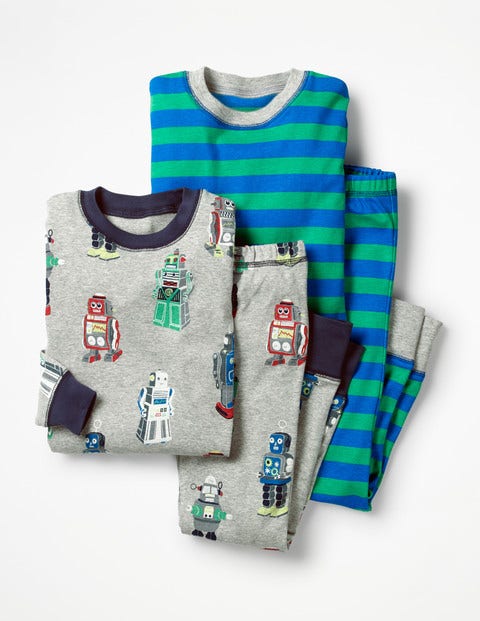 Twin Pack Long John Pyjamas - Grey Marl Retro Robots Twin Pack Long John Pyjamas - Grey Marl Retro Robots