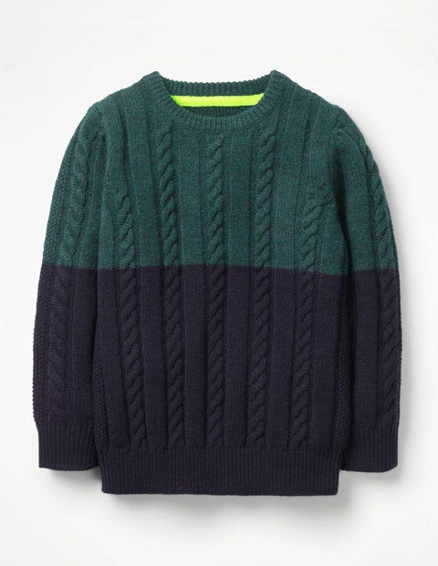 Colourblock Cable Crew Sweater - Pine Forest Green/School Navy Colourblock Cable Crew Sweater - Pine Forest Green/School Navy
