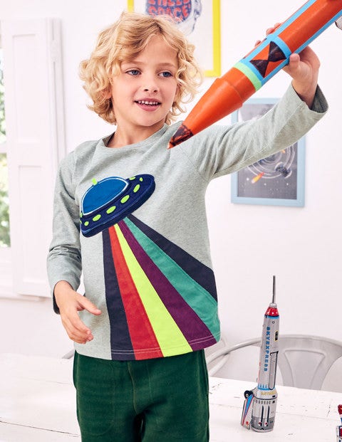 Space Appliqué T-Shirt - Grey Marl UFO Space Appliqué T-Shirt - Grey Marl UFO