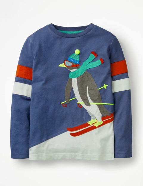 Cool Animals Appliqué T-Shirt - Starboard Blue Skiing Penguin Cool Animals Appliqué T-Shirt - Starboard Blue Skiing Penguin