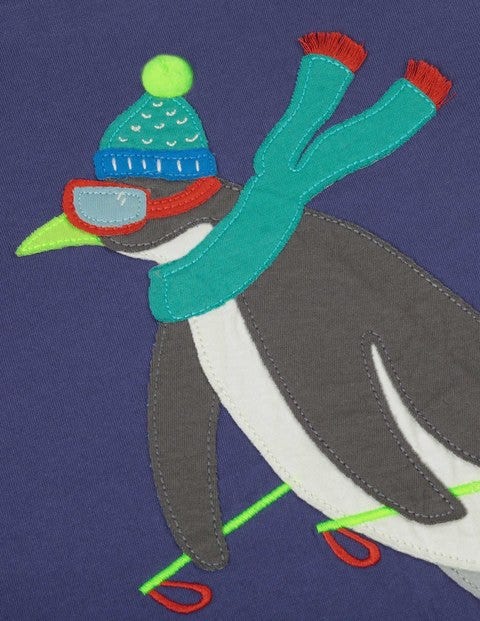 Cool Animals Appliqué T-Shirt - Starboard Blue Skiing Penguin Cool Animals Appliqué T-Shirt - Starboard Blue Skiing Penguin