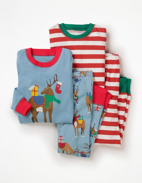 Twin Pack Long John Pajamas - Wren Blue Reindeer Party Twin Pack Long John Pajamas - Wren Blue Reindeer Party
