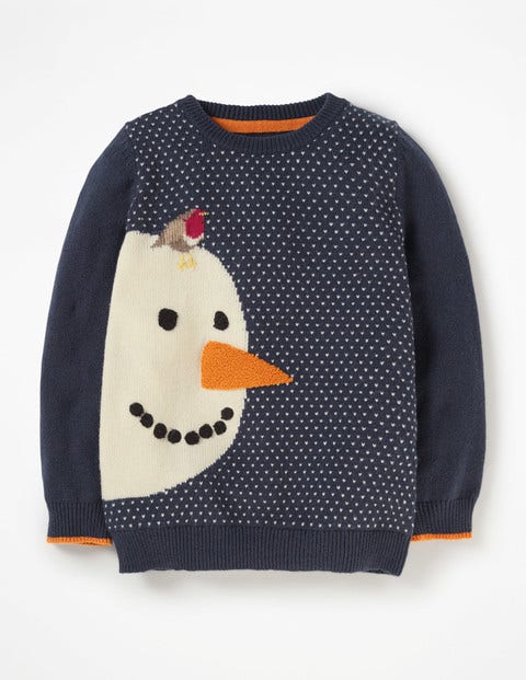 Pull Col Rond Festif - Bonhomme de neige bleu marine écolier Pull Col Rond Festif - Bonhomme de neige bleu marine écolier