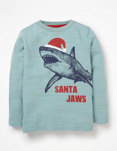 Printed Festive T-Shirt - Dolphin Blue Santa Jaws Printed Festive T-Shirt - Dolphin Blue Santa Jaws