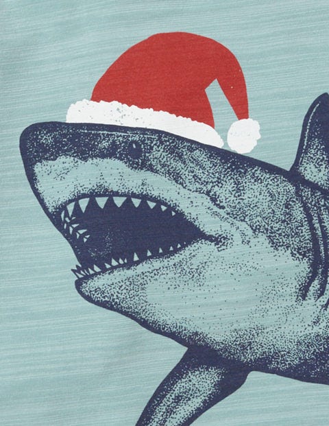 Printed Festive T-Shirt - Dolphin Blue Santa Jaws Printed Festive T-Shirt - Dolphin Blue Santa Jaws