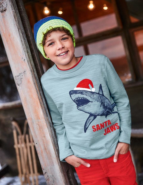 Printed Festive T-Shirt - Dolphin Blue Santa Jaws Printed Festive T-Shirt - Dolphin Blue Santa Jaws