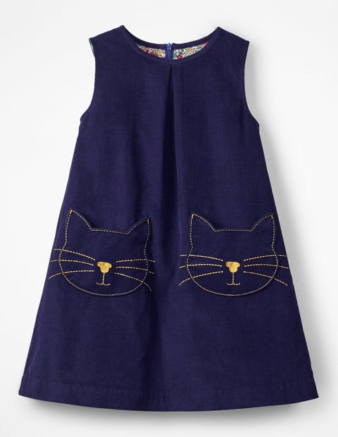 Novelty Pocket Cord Pinafore - Prussian Blue Cats Novelty Pocket Cord Pinafore - Prussian Blue Cats