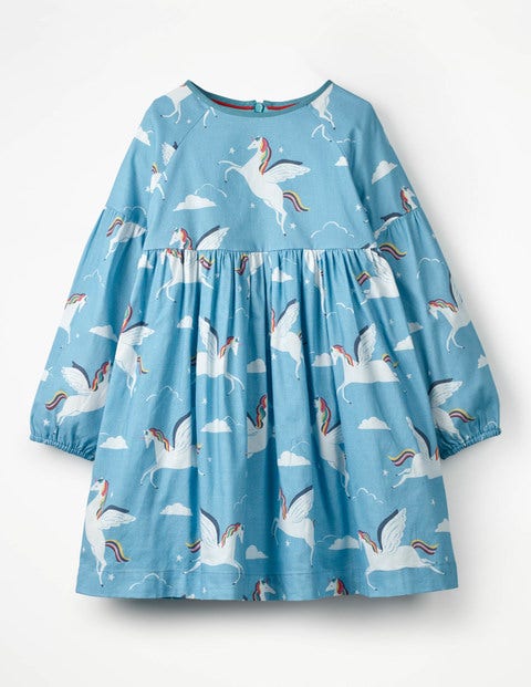 Full-Sleeved Woven Dress - Blue Rainbow Unicorns Full-Sleeved Woven Dress - Blue Rainbow Unicorns