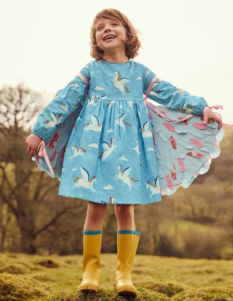 Full-Sleeved Woven Dress - Blue Rainbow Unicorns Full-Sleeved Woven Dress - Blue Rainbow Unicorns
