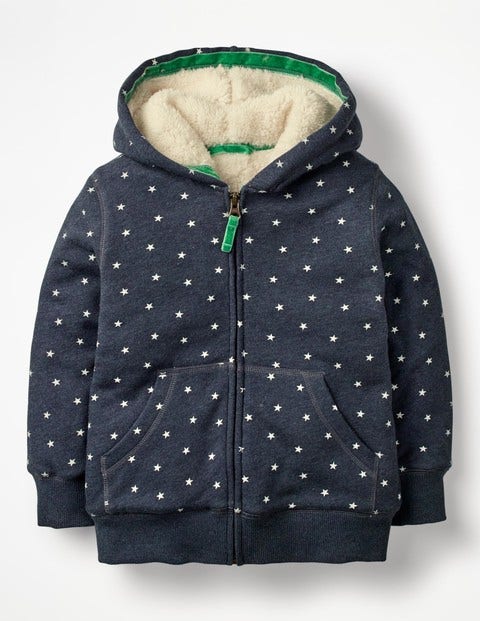 Printed Shaggy-Lined Hoodie - School Navy/Ecru Stars Printed Shaggy-Lined Hoodie - School Navy/Ecru Stars