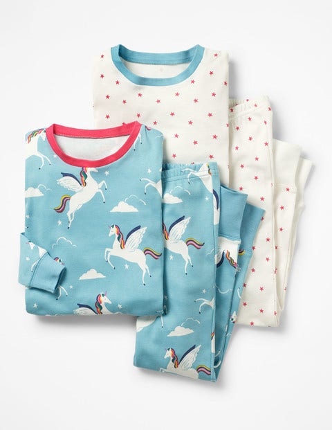 Twin Pack Long John Pyjamas - Blue Rainbow Unicorns/Stars Twin Pack Long John Pyjamas - Blue Rainbow Unicorns/Stars