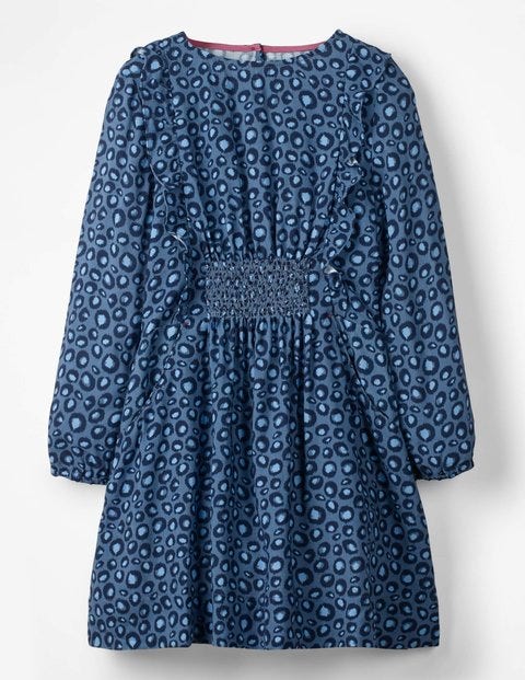 Woven Frill Dress - Blue Animal Print Woven Frill Dress - Blue Animal Print