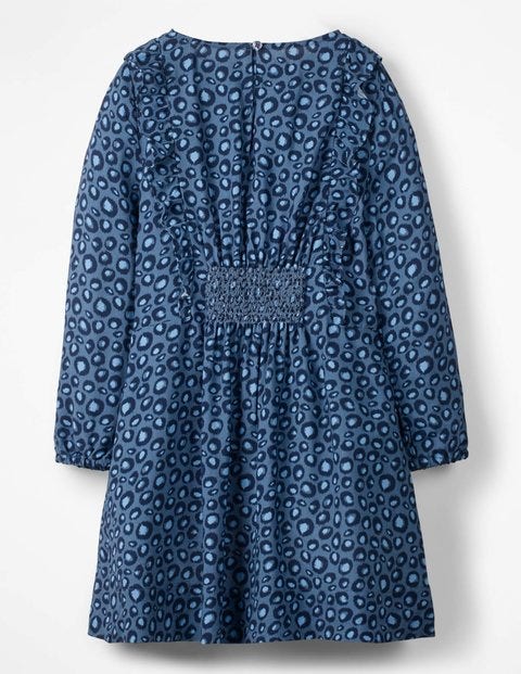Woven Frill Dress - Blue Animal Print Woven Frill Dress - Blue Animal Print