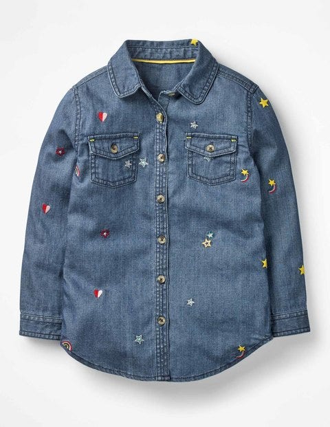 Embroidered Denim Shirt - Mid Wash Denim Embroidered Denim Shirt - Mid Wash Denim