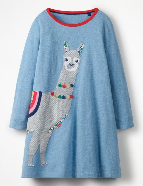 Patchwork Appliqué Dress - Blue Marl Llama Patchwork Appliqué Dress - Blue Marl Llama