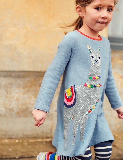 Patchwork Appliqué Dress - Blue Marl Llama Patchwork Appliqué Dress - Blue Marl Llama