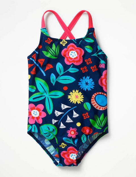 Cross-Back Swimsuit - Deep Sea Blue Floating Flowers Cross-Back Swimsuit - Deep Sea Blue Floating Flowers