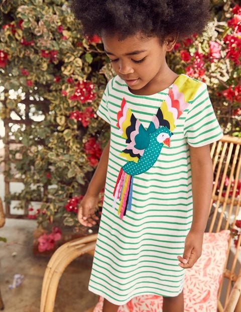 Animal Appliqué Dress - Peppermint Green Stripe Parrot Animal Appliqué Dress - Peppermint Green Stripe Parrot