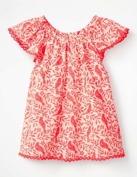 Lace Trim Floaty Top - Fluoro Coral Lino Birds Lace Trim Floaty Top - Fluoro Coral Lino Birds