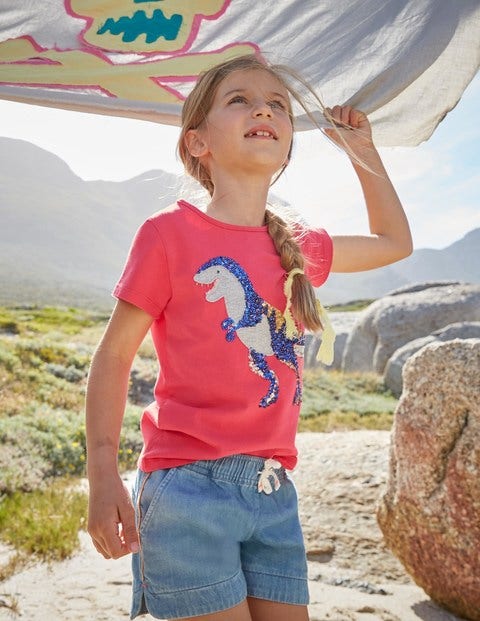 Sequin Appliqué T-Shirt - Strawberry Split Pink T-Rex Sequin Appliqué T-Shirt - Strawberry Split Pink T-Rex