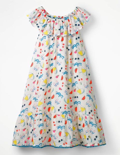Ruffle Neck Dress - Ivory Holiday Print Ruffle Neck Dress - Ivory Holiday Print