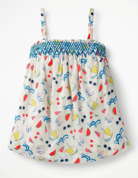 Strappy Smocked Top - Ivory Holiday Print Strappy Smocked Top - Ivory Holiday Print