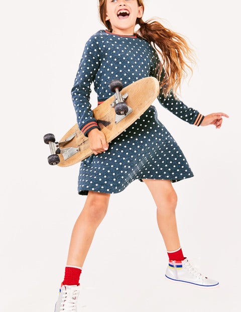 Cosy Jersey Swing Dress - Navy Marl Ecru Spots Cosy Jersey Swing Dress - Navy Marl Ecru Spots