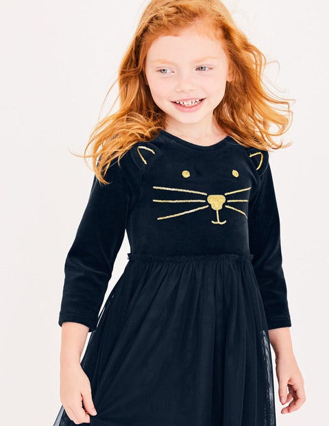 Velvet Novelty Dress - Midnight Blue Cat Velvet Novelty Dress - Midnight Blue Cat