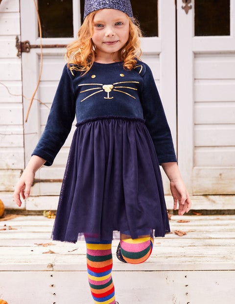 Velvet Novelty Dress - Midnight Blue Cat Velvet Novelty Dress - Midnight Blue Cat