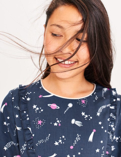 Woven Frill Space Dress - School Navy Galaxy Woven Frill Space Dress - School Navy Galaxy