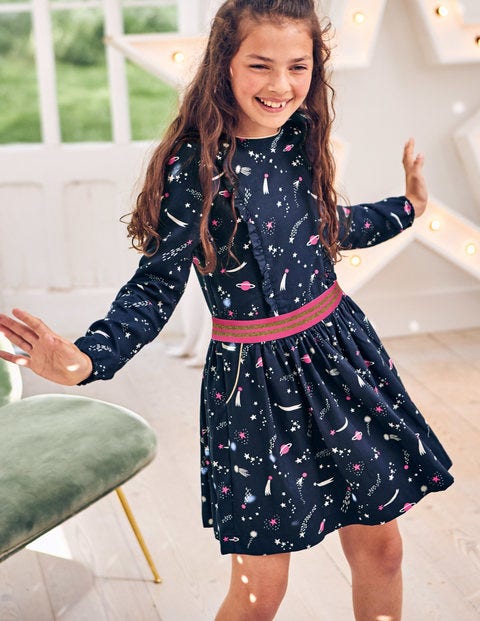 Woven Frill Space Dress - School Navy Galaxy Woven Frill Space Dress - School Navy Galaxy