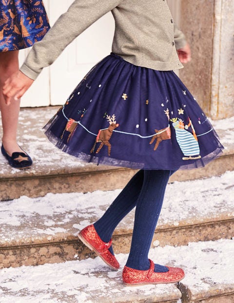 Appliqué Tulle Skirt - Prussian Blue Sleigh Scene Appliqué Tulle Skirt - Prussian Blue Sleigh Scene