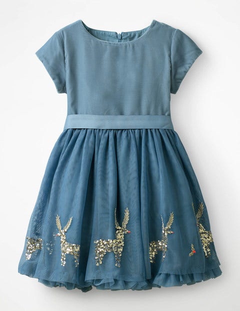 Velvet Appliqué Dress - Boathouse Blue Festive Scene Velvet Appliqué Dress - Boathouse Blue Festive Scene