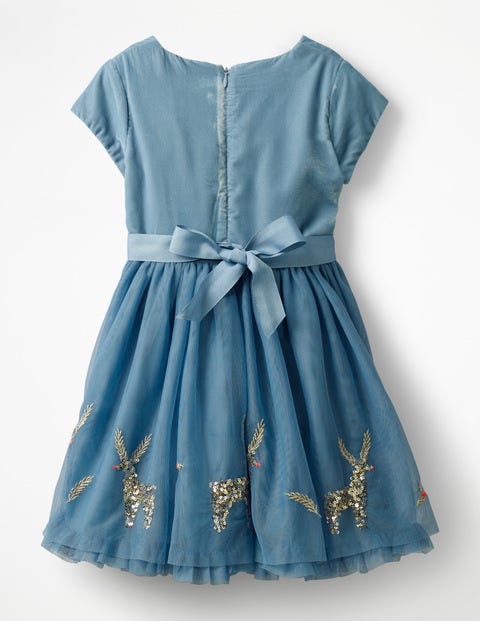 Velvet Appliqué Dress - Boathouse Blue Festive Scene Velvet Appliqué Dress - Boathouse Blue Festive Scene