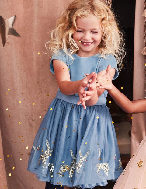 Velvet Appliqué Dress - Boathouse Blue Festive Scene Velvet Appliqué Dress - Boathouse Blue Festive Scene