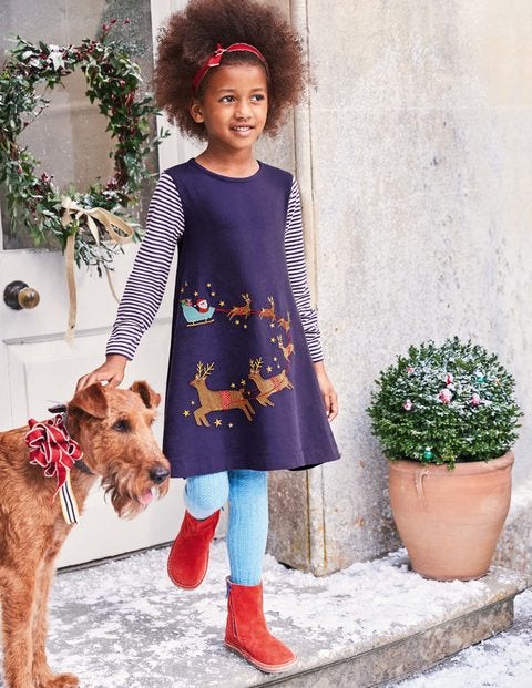 Festliches Kleid Mit Großer Applikation - Berliner Blau, Schlittenmotiv Festliches Kleid Mit Großer Applikation - Berliner Blau, Schlittenmotiv