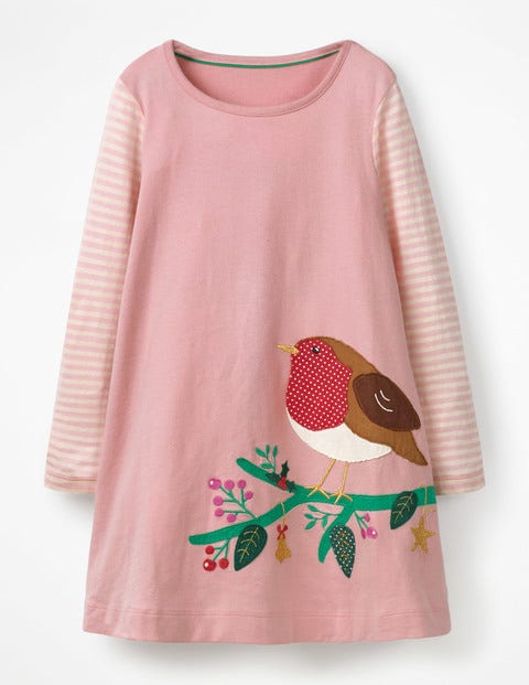 Festive Big Appliqué Dress - Vintage Pink Jolly Robin Festive Big Appliqué Dress - Vintage Pink Jolly Robin