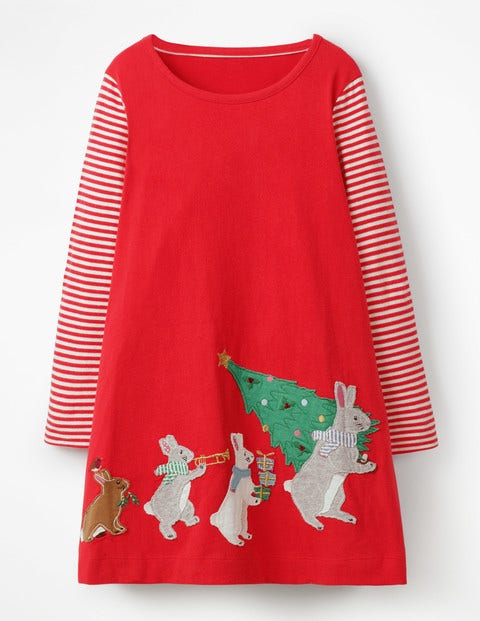 Festive Big Appliqué Dress - Polish Red Festive Bunnies Festive Big Appliqué Dress - Polish Red Festive Bunnies