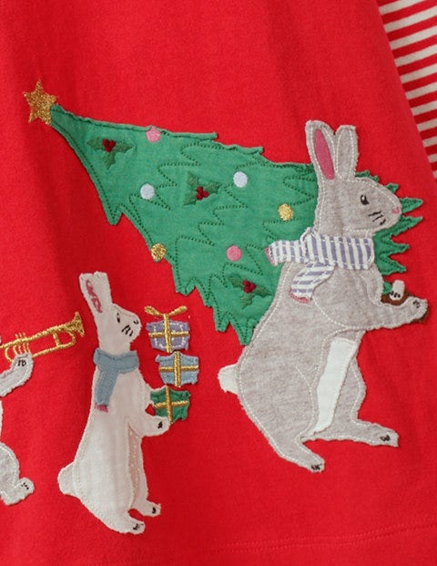 Festive Big Appliqué Dress - Polish Red Festive Bunnies Festive Big Appliqué Dress - Polish Red Festive Bunnies