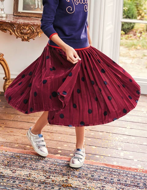 Pleated Velvet Midi Skirt - Bramble Red/Navy Spot Pleated Velvet Midi Skirt - Bramble Red/Navy Spot