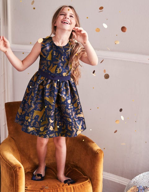 Festive Jacquard Dress - Prussian Blue Winter Woodblock Festive Jacquard Dress - Prussian Blue Winter Woodblock