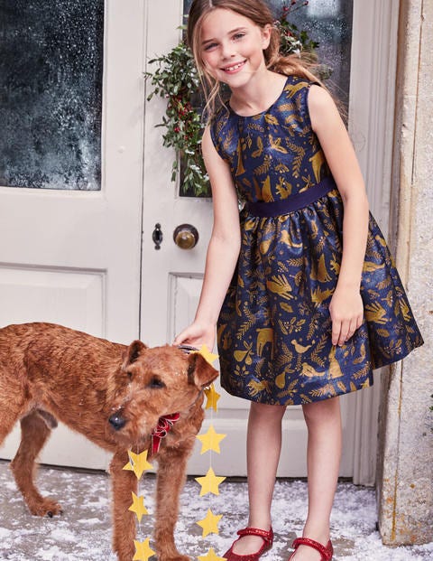 Festive Jacquard Dress - Prussian Blue Winter Woodblock Festive Jacquard Dress - Prussian Blue Winter Woodblock