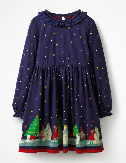 Ruffle Neck Festive Dress - Prussian Blue Snowy Day Ruffle Neck Festive Dress - Prussian Blue Snowy Day