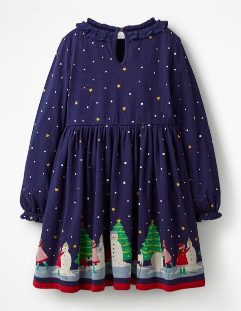 Ruffle Neck Festive Dress - Prussian Blue Snowy Day Ruffle Neck Festive Dress - Prussian Blue Snowy Day