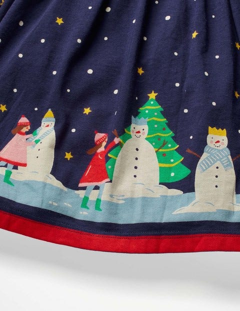Ruffle Neck Festive Dress - Prussian Blue Snowy Day Ruffle Neck Festive Dress - Prussian Blue Snowy Day