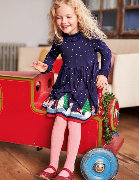 Ruffle Neck Festive Dress - Prussian Blue Snowy Day Ruffle Neck Festive Dress - Prussian Blue Snowy Day